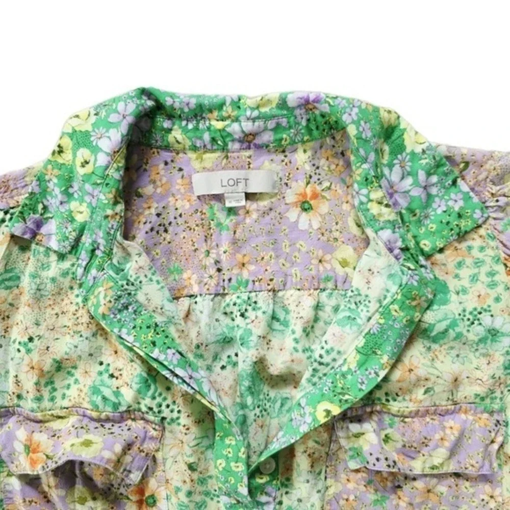 LOFT Utility Shirt Blouse Medium M Floral Crepe Boho Balloon Western Pastel